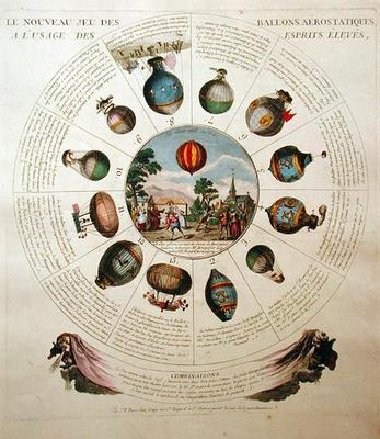The Ballooning Game, with illustrations of different hot air balloons, c.1784 (coloured engraving) a French School, (18th century)