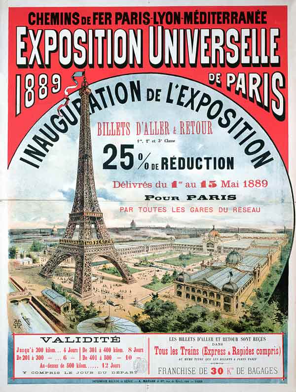 Poster advertising reduced price train tickets to the Exposition Universelle of 1889, from the Chemi a French School, (19th century)