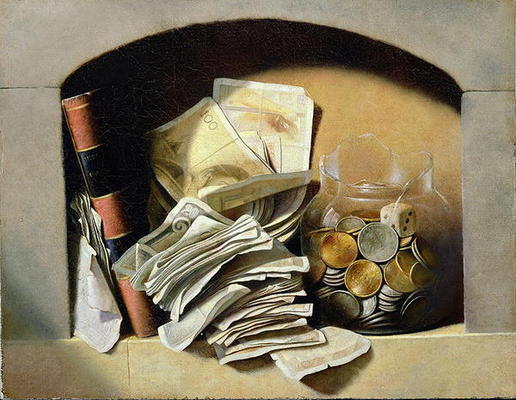 A trompe l'oeil of paper money, coins and a broken glass jar in a niche (oil on canvas) a French School, (19th century)