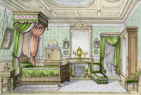 Bedroom in the Renaissance style (colour litho) a French School, (19th century)