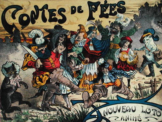 Fairy tale characters painted on the box lid of a game of lotto a French School, (19th century)