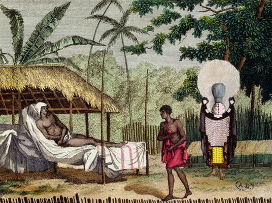 Funeral and mourning rites in Tahiti, 1811 (coloured engraving) a French School, (19th century)