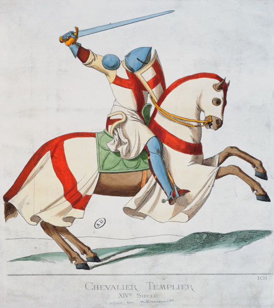 Illustration of a Knight Templar, after a 14th century manuscript (coloured engraving) a French School, (19th century)