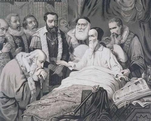 John Calvin (1509-1564) on his Death Bed (engraving) a French School, (19th century)