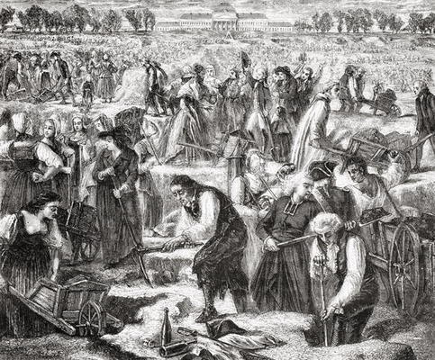 Labourers working in the Champ de Mars (litho) a French School, (19th century)