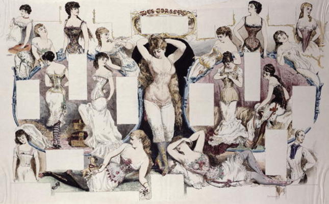 Layout illustrations for an article on women's underwear, from 'La Vie Parisienne', c.1870 (coloured a French School, (19th century)