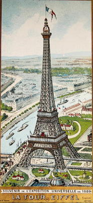 Postcard depicting the Eiffel Tower at the Exposition Universelle, 1889 (colour litho) a French School, (19th century)