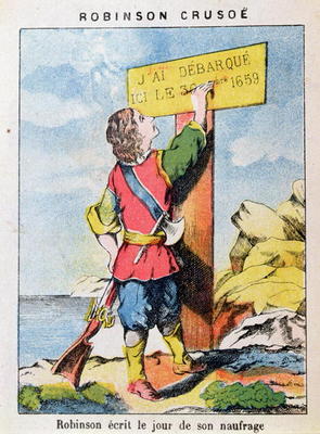 Robinson Crusoe Writes the Date of the Shipwreck (colour litho) a French School, (19th century)