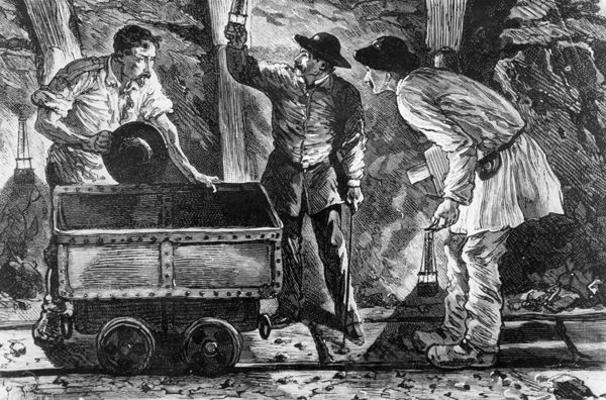 Scene in a coal mine, illustration from 'Germinal' by Emile Zola (1840-1902), 1886 (engraving) (b/w a French School, (19th century)