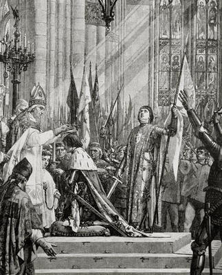St. Joan of Arc (1412-31) at the Coronation of Charles VII (reg.1422-61) in 1429 (engraving) a French School, (19th century)