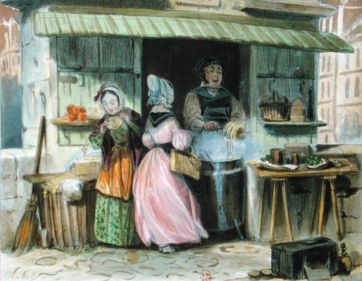 The merchant of 'oublies' in Paris, 1st half 19th century (colour litho) a French School, (19th century)