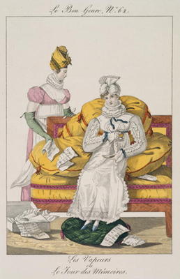 The Vapours or The Accounts Day, plate 62 from 'Le Bon Genre', 1813 (coloured engraving) a French School, (19th century)