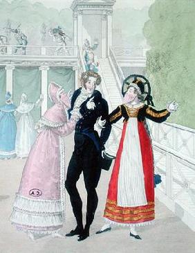 A dandy being courted by two masked women, from the series Le Bon Genre (hand-coloured engraving)