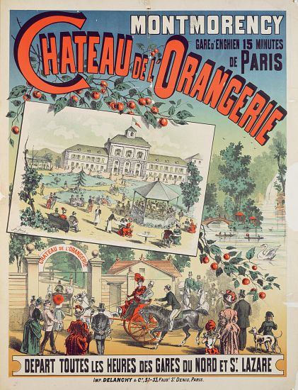 Travel poster advertising trips by train from Paris to the 'Chateau de l'Orangerie' at Montmorency a French School, (19th century)