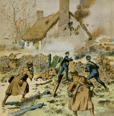 Attack by police and British troops on a farm occupied by the Sinn-Fein, cover of 'Le Petit Journal' a French School, (20th century)