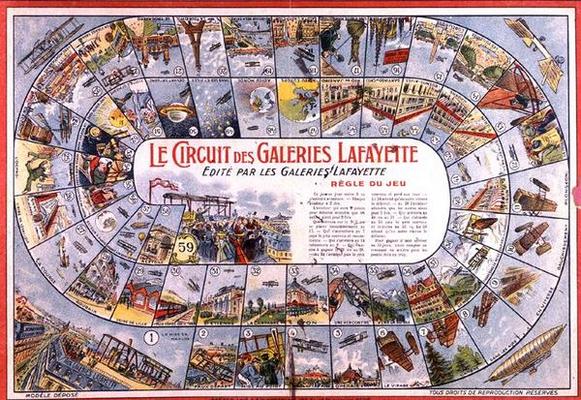 'Le Circuit des Galeries Lafayette': Game of Snakes and Ladders before 1914 (colour engraving) a French School, (20th century)