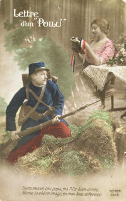 Postcard depicting a letter from a Poilu, 1914-18 (coloured photo) a French School, (20th century)