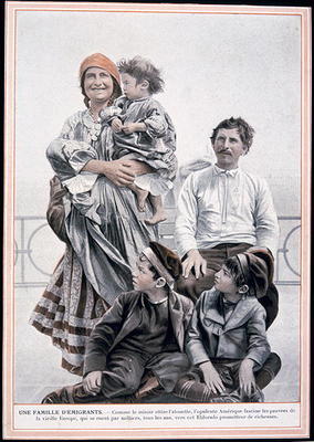 Poster of a European immigrant family on Ellis Island, 1910 (colour litho) a French School, (20th century)