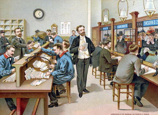 Sorting the Post in a Parisian Post Office, illustration from a Post Office calendar, 1904 (colour l a French School, (20th century)