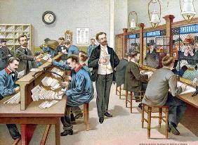 Sorting the Post in a Parisian Post Office, illustration from a Post Office calendar, 1904 (colour l