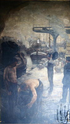 Workers unloading coal from a barge, early twentieth century (oil on canvas) a French School, (20th century)