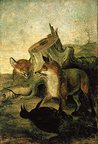 Wall picture in the yolk house in the Forstenrieder park near Munich: Foxes with bag a Friedrich Anton Wyttenbach
