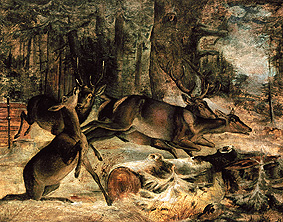 Wall picture in the yolk house in the Forstenrieder park near Munich: E red deer pack on the flight a Friedrich Anton Wyttenbach
