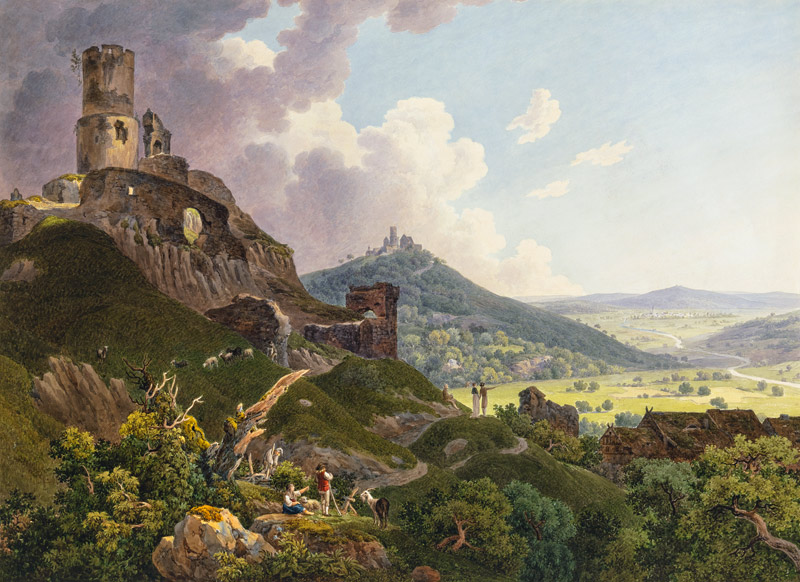 Die Ruinen Gleiberg und Vetzberg bei Gießen, links die beiden Burgruinen auf Bergen, rechts ein weit a Friedrich Christian Reinermann