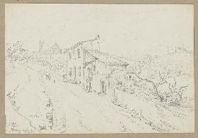 An einem Haus vorbeiführende Landstraße, im Hintergrund San Miniato al Monte in Florenz