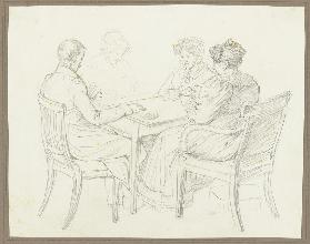 Ein Herr und drei Damen beim Kartenspiel