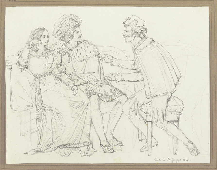 Ein Paar auf einem Sofa unterhält sich mit einem Narren a Friedrich Moosbrugger