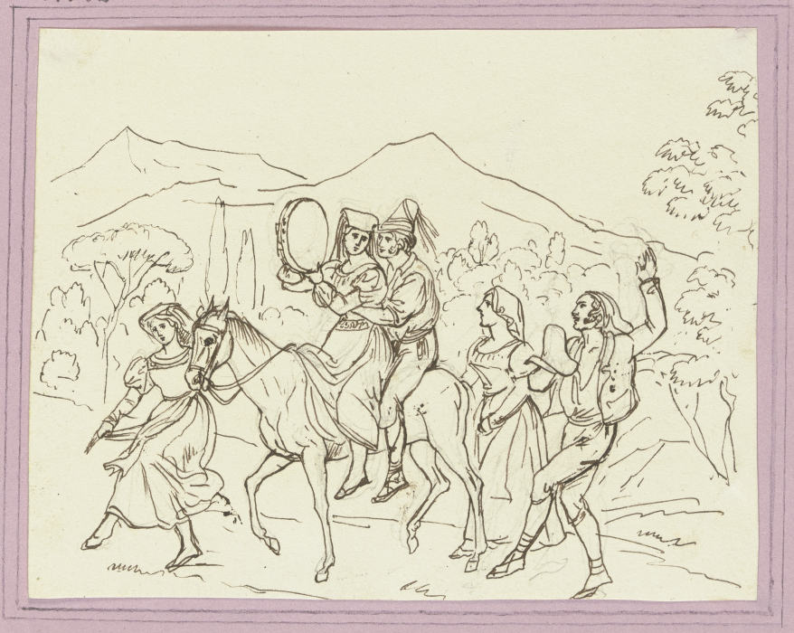Eselsritt (Brautpaar auf einem Esel und drei weitere Figuren) a Friedrich Moosbrugger