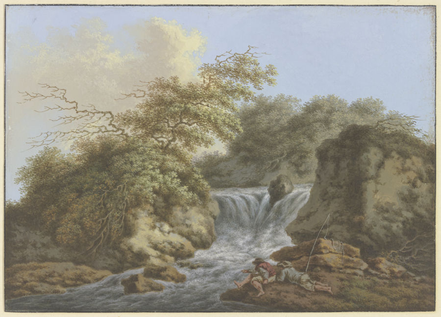 Wasserfall zwischen zwei Felsen, am Ufer rechts zwei Angler a Friedrich Rauscher