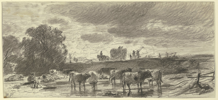Landschaft in Gewitterstimmung mit einer Viehherde im Vordergrund und einem Erntewagen am Horizont a Friedrich Voltz