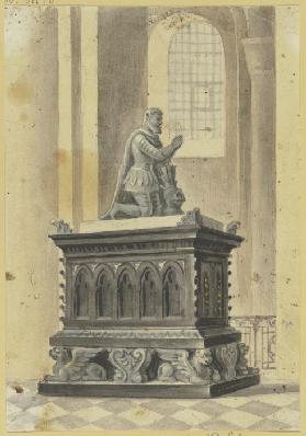Grabmal in einer Kirche, ein Ritter auf einem Sarkophag kniend