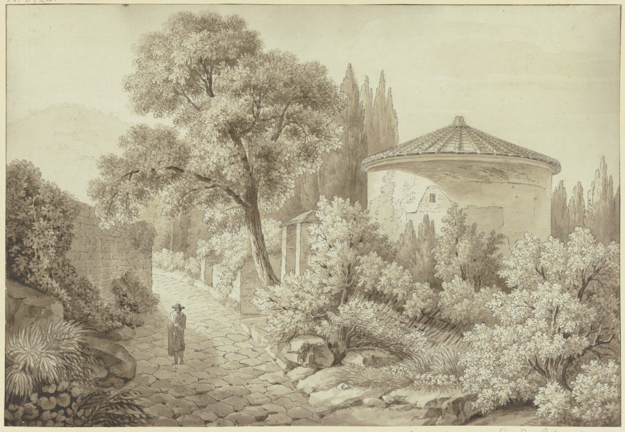 Antiker Tempel an der Via Appia bei Ariccia, rechts neben einer gepflasterten Straße steht ein Rundt a Friedrich Wilhelm Gmelin