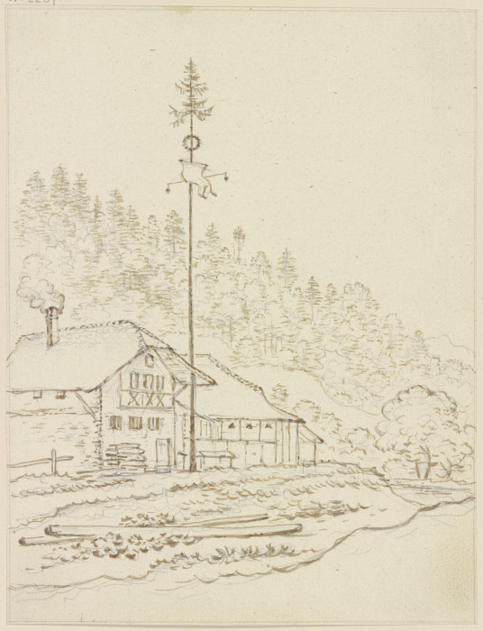 Bauernhäuser am Waldrand, davor ein Maibaum a Friedrich Wilhelm Hirt
