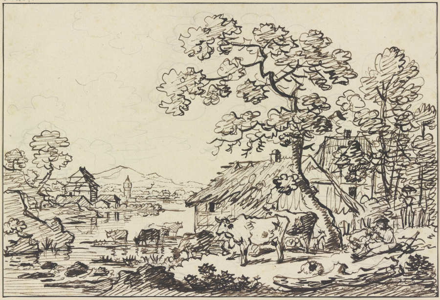 Gehöft an einem Fluß, im Vordergrund eine Viehherde a Friedrich Wilhelm Hirt