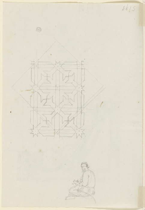 Geometrisches Muster sowie sitzender Säbelträger, in ein Notizbuch schreibend a Friedrich Maximilian Hessemer