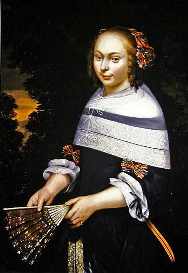 A portrait of a young girl holding a fan, a landscape beyond, c.1650 a Friesian School