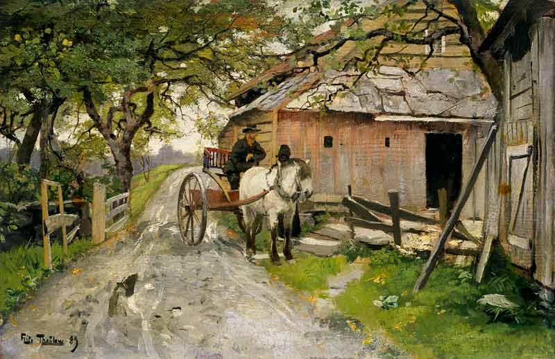 A small chat in front of the farmhouse. a Frits Thaulow