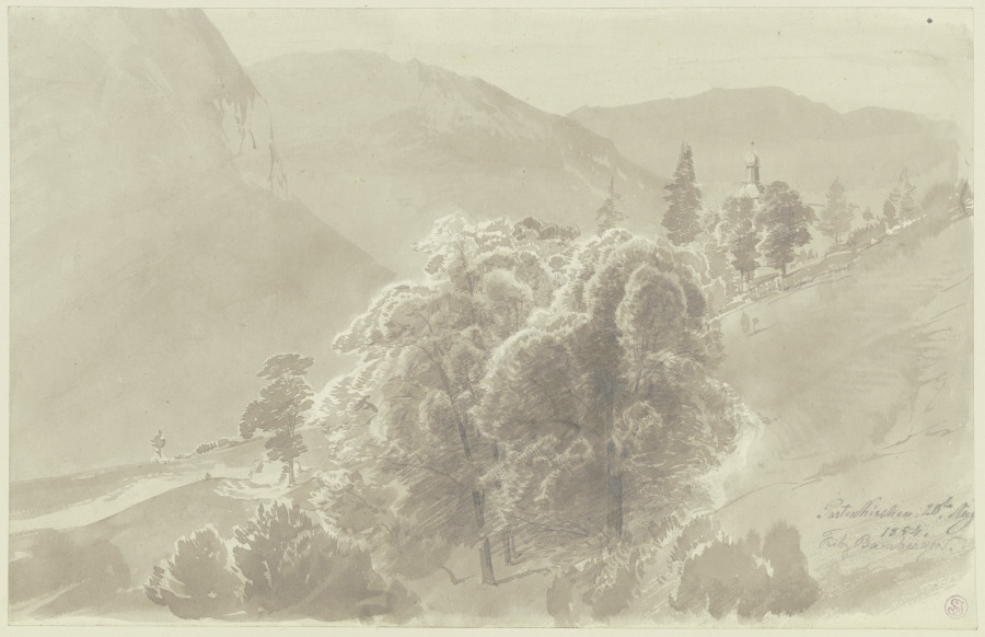 Gebirgslandschaft, im Vordergrund Baumgruppe, aus der ein Kirchturm hervorsieht a Fritz Bamberger