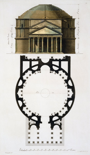 Ground plan and facade of the Pantheon, Rome, from 'Le Costume Ancien et Moderne' by Jules Ferrario, a Fumagalli
