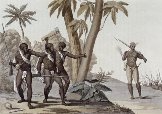 Freed slaves hunting down escaped slaves in Surinam, Guiana, illustration from 'Le Costume Ancien et a G. Bramati