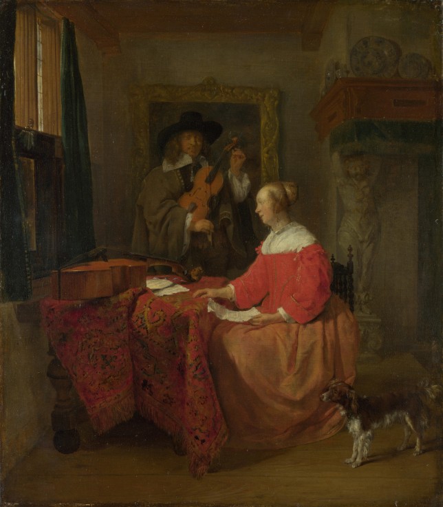A Woman seated at a Table and a Man tuning a Violin a Gabriel Metsu