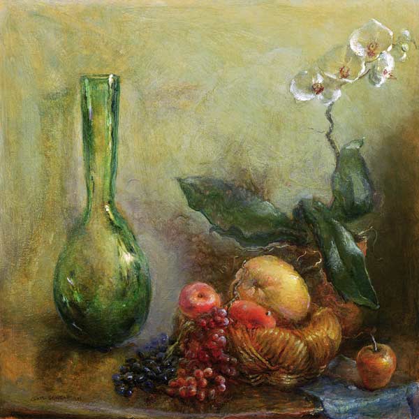 Orchid with Basket of Fruit and Green Vase (oil on canvas)  a Gail  Schulman