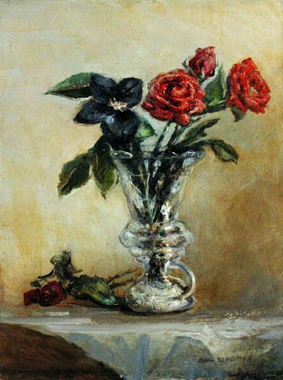Two Roses in a Glass Vase with Opening Tulip (oil on canvas)  a Gail  Schulman