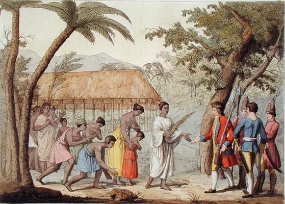 Captain Samuel Wallis (1728-1830) being received by Queen Oberea on the Island of Tahiti (colour lit a Gallo Gallina