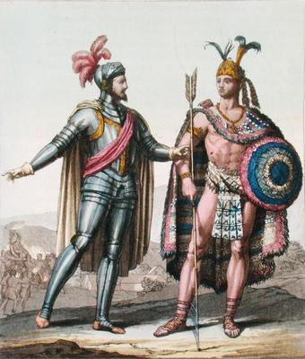 The Encounter between Hernan Cortes (1485-1547) and Montezuma II (1466-1520) from 'Le Costume Ancien a Gallo Gallina