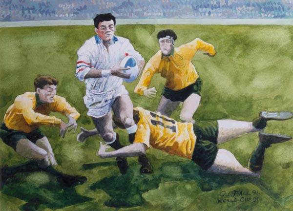 Rugby Match: England v Australia in the World Cup Final, 1991, Will Carling being tackled (w/c)  a Gareth Lloyd  Ball